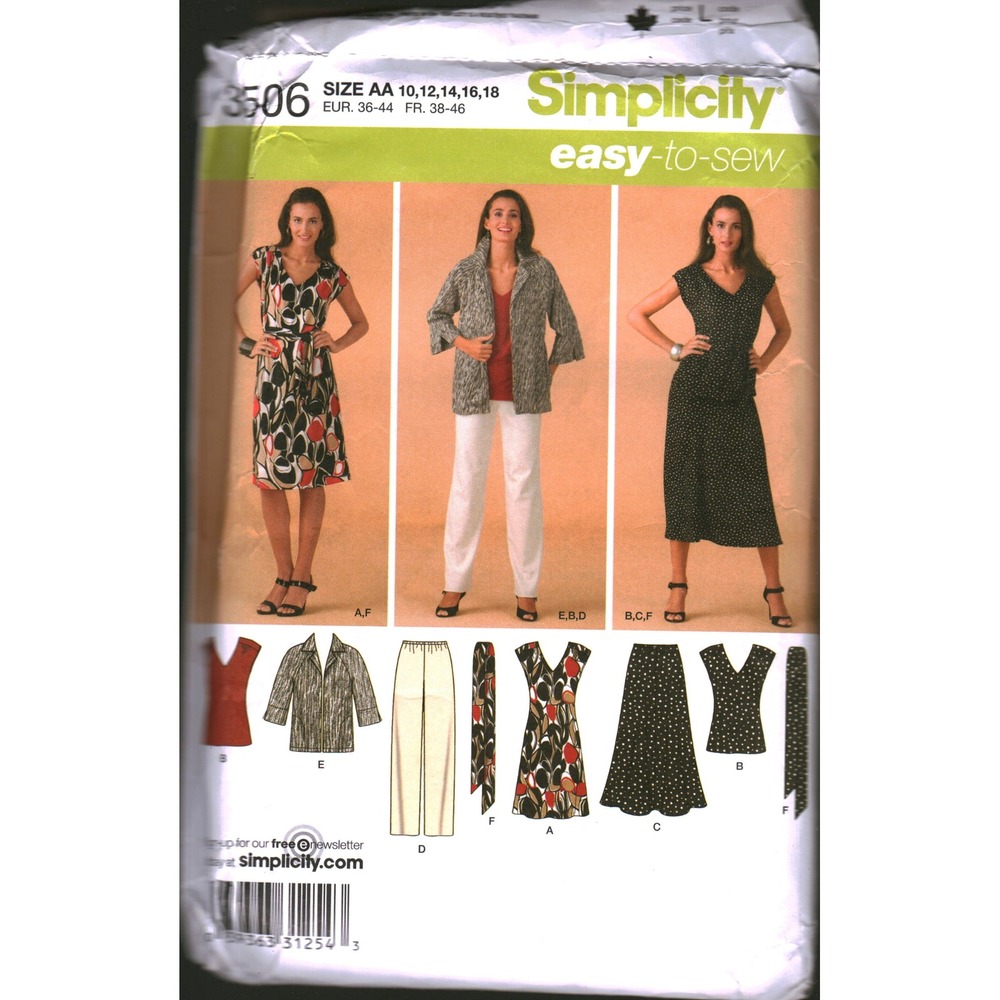 Simplicity 3506 Sewing Pattern Misses Dress Top Skirt Pants Jacket Size 10-18